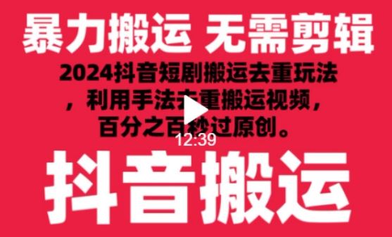 2024最新抖音搬运技术，抖音短剧视频去重，手法搬运，利用工具去重，达到秒过原创的效果【揭秘】-同心网创