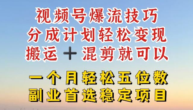 视频号爆流技巧，分成计划轻松变现，搬运 +混剪就可以，一个月轻松五位数稳定项目【揭秘】-同心网创