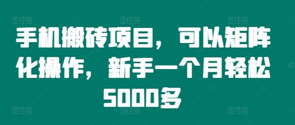 手机搬砖项目，可以矩阵化操作，新手一个月轻松5000多-同心网创