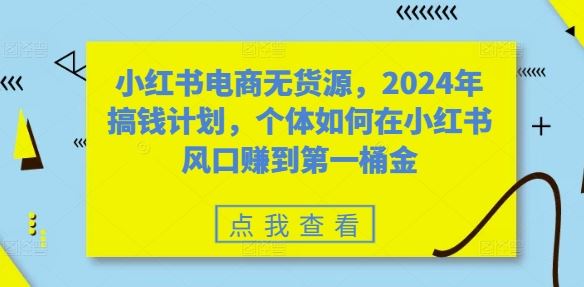 小红书电商无货源，2024年搞钱计划，个体如何在小红书风口赚到第一桶金-同心网创