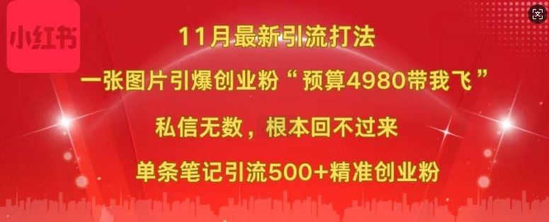 小红书11月最新图片打粉，一张图片引爆创业粉，“预算4980带我飞”，单条引流500+精准创业粉-同心网创