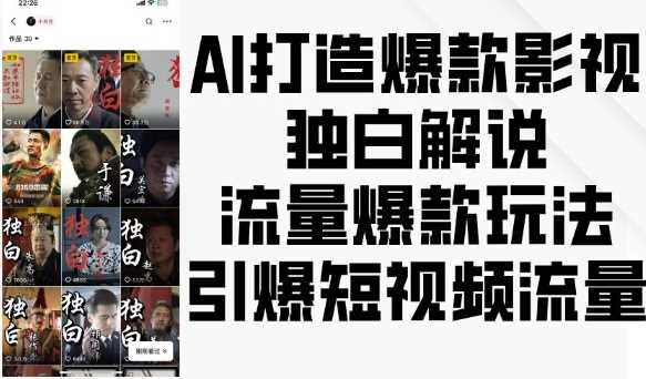 AI打造爆款影视独白解说，流量爆款玩法，引爆短视频流量-同心网创